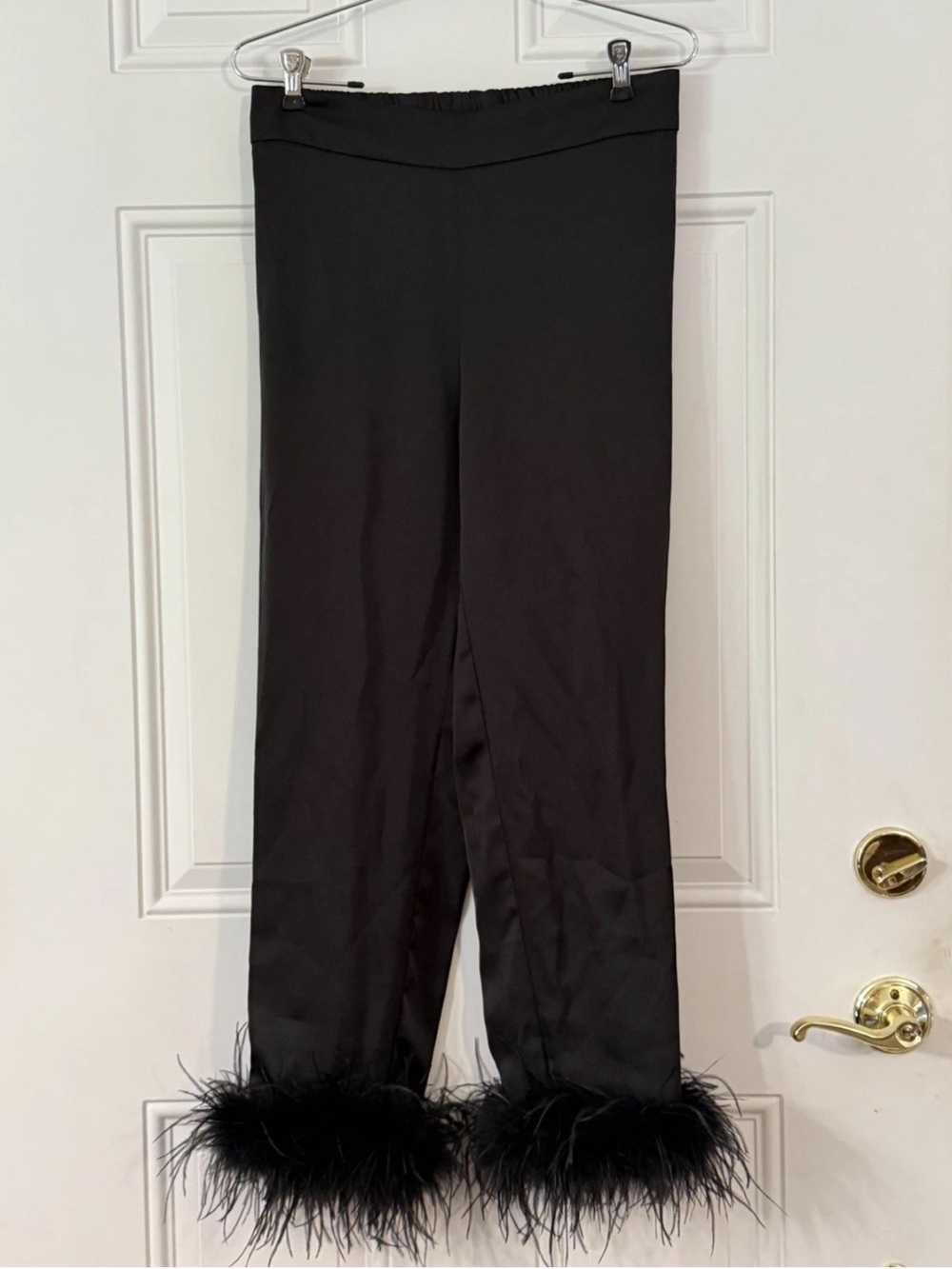 NADINE MERABI Black Silk Satin Ostrich Feather-Trim Lounge Pants